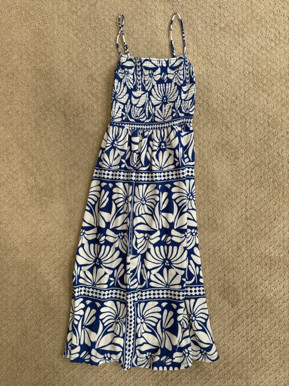 Blue & White Printed Midi Dress | Strappy Summer Vacation Dress | Size S NWT